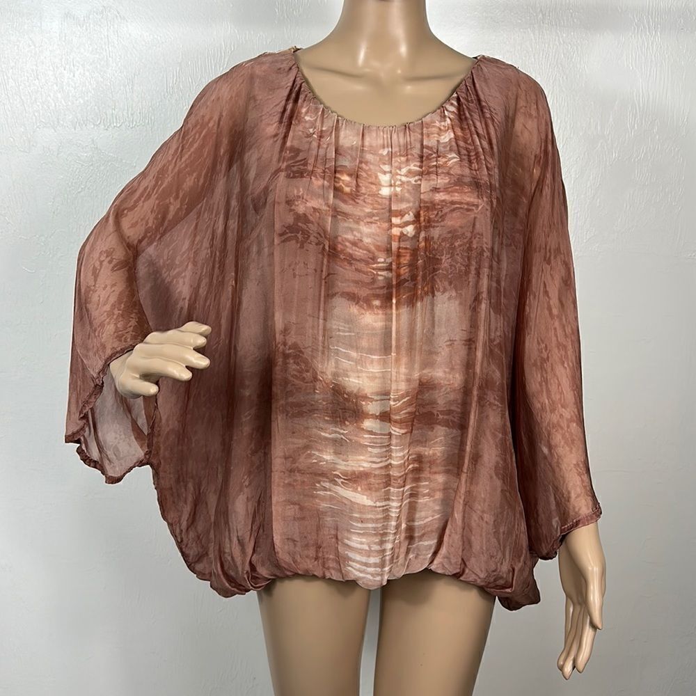 Scandal Tie Dye Brown Brick And Cream Color Sheer Sleeve Top Blouse Size M